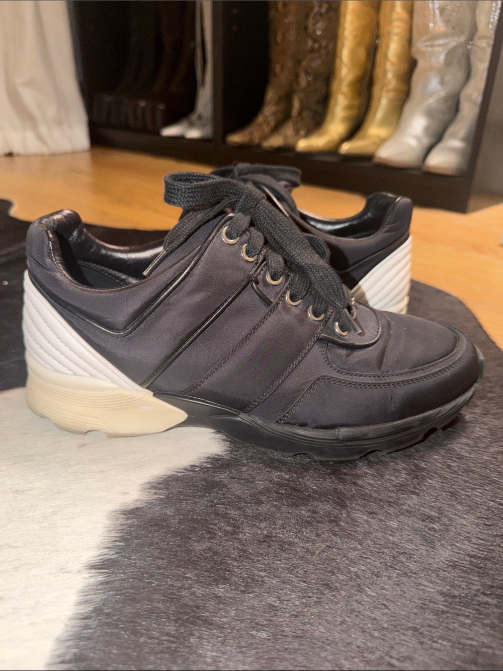 CHANEL 2017 Interlocking CC Logo Athletic Black Nylon with Leather Trim Sneakers - Picture 9 of 11